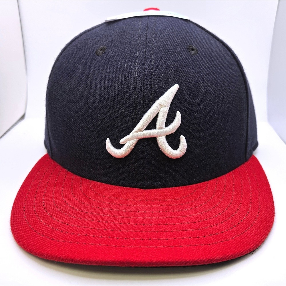 New Era 59FIFTY Atlanta Braves Fitted Wool Hat Navy Blue Red Size 7 3/8 MLB Cap